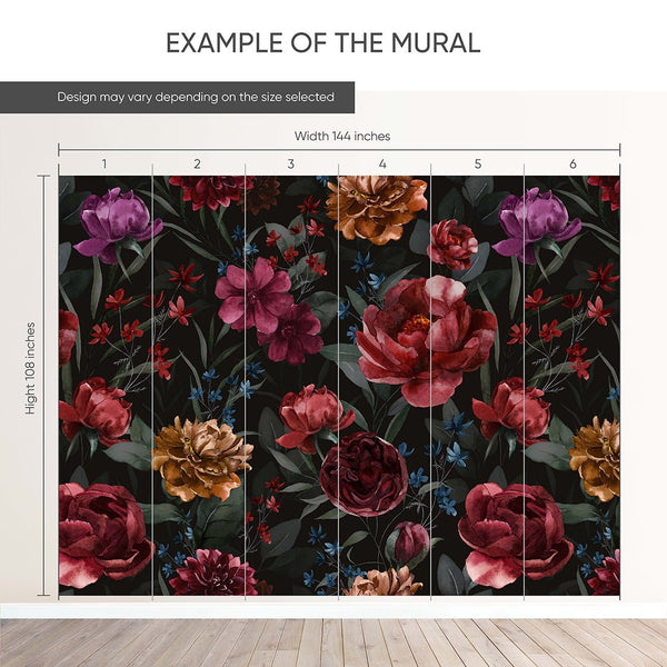 Dark Flowers Print Wall Mural SM027 - CostaCover - Peel and stick Removable Wallpaper - abstract wallpaper - accent wallpaper - adhesive wallpaper
