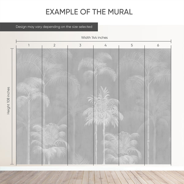 Example of a 144-inch-wide by 108-inch-high mural split into 6 panels, showing how the design is divided across  panels; the printed design varies with the size selected.