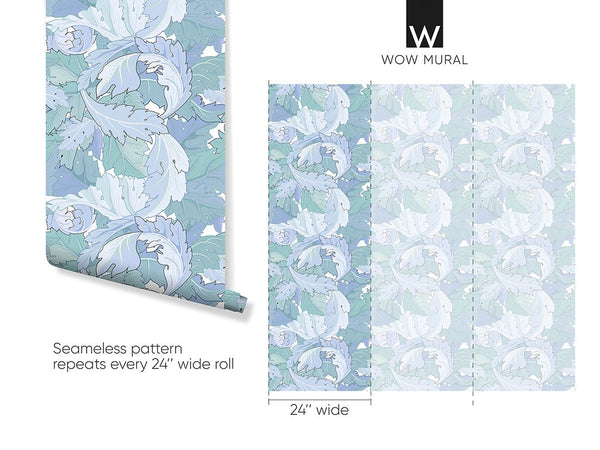 Blue & Mint Acanthus by Morris Wallpaper W124 - CostaCover - Peel and stick Removable Wallpaper - abstract floral - abstract wallpaper - accent wallpaper