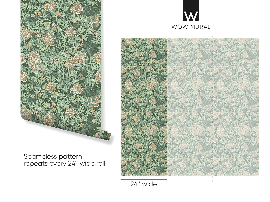 Green & Beige Jasmine by Morris Wallpaper W106