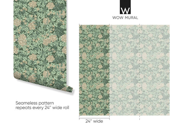 Green & Beige Jasmine by Morris Wallpaper W106 - CostaCover - Peel and stick Removable Wallpaper - abstract floral - abstract wall art - abstract wallpaper