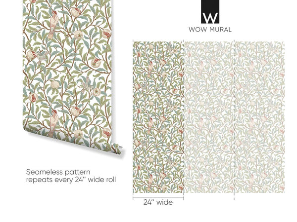 Green Bird & Pomegranate by Morris Wallpaper W088 - CostaCover - Peel and stick Removable Wallpaper - abstract wall art - abstract wallpaper - accent wallpaper