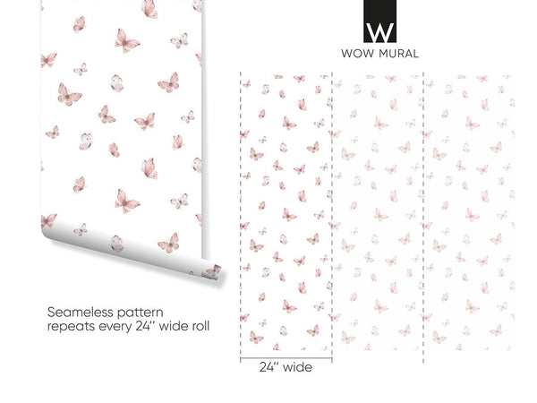Pink Butterflies Wallpaper W156 - CostaCover - Peel and stick Removable Wallpaper - accent wallpaper - adhesive wallpaper - baby bedroom