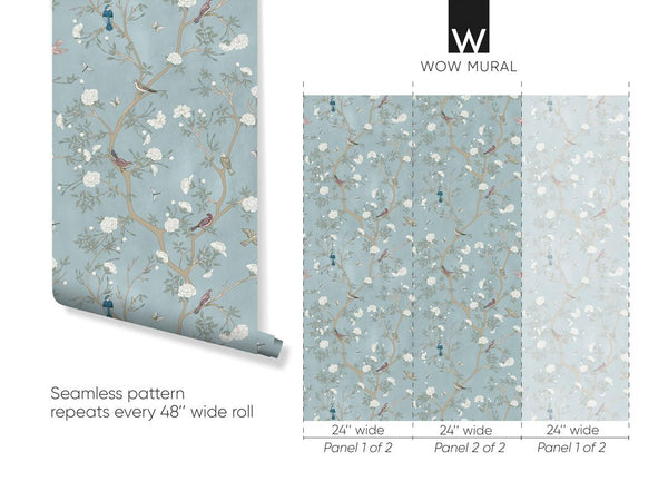 Blue Blossom Trees & Birds Wallpaper W058 - CostaCover - Peel and stick Removable Wallpaper - accent wallpaper - adhesive wallpaper - adhesive wallpaper design