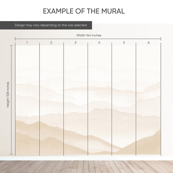 Example of a 144-inch-wide by 108-inch-high mural split into 6 panels, showing how the design is divided across  panels; the printed design varies with the size selected.