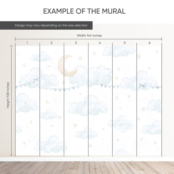 Blue Clouds Moon & Bunting Wall Mural SM071 - CostaCover - Peel and stick Removable Wallpaper - Abstract - abstract wall art - abstract wallpaper