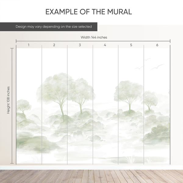 Example of a 144-inch-wide by 108-inch-high mural split into 6 panels, showing how the design is divided across  panels; the printed design varies with the size selected.