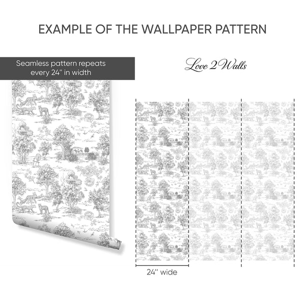 Gray French toile wallpaper showcasing detailed scenes with leopards and birds on a smooth white ground, perfect for adding a refined, timeless look to eclectic or French country spaces. The removable wallpaper's intricate engravings enhance the elegance of living rooms or hallways.