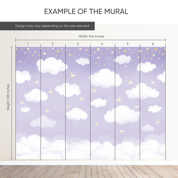 Example of a 144-inch-wide by 108-inch-high mural split into 6 panels, showing how the design is divided across  panels; the printed design varies with the size selected.