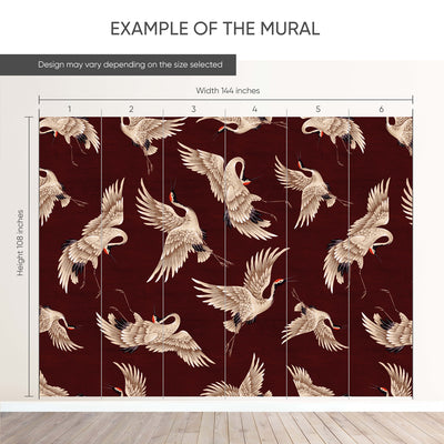 Flying Burgundy Japanese Cranes Wall Mural WM120