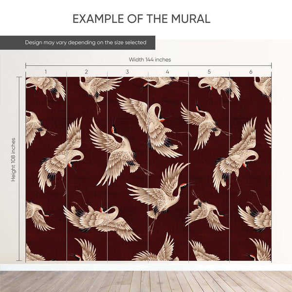Flying Burgundy Japanese Cranes Wall Mural WM120 - CostaCover - Peel and stick Removable Wallpaper - accent wallpaper - adhesive wallpaper - animal texture