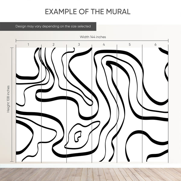 Example of a 144-inch-wide by 108-inch-high mural split into 6 panels, showing how the design is divided across  panels; the printed design varies with the size selected.