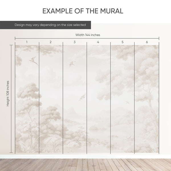 Tranquil wall mural with broad horizontal planes and rounded trees, ideal for bedrooms seeking a calming vibe. The soft beige and warm taupe palette enhance classic and modern organic decor with its expansive matte finish.