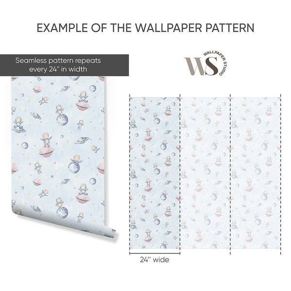 Pastel Blue Astronauts & Planets Wallpaper S124 - CostaCover-Peel and stick Removable Wallpaper-accent wallpaper-adhesive wallpaper-baby bedroom