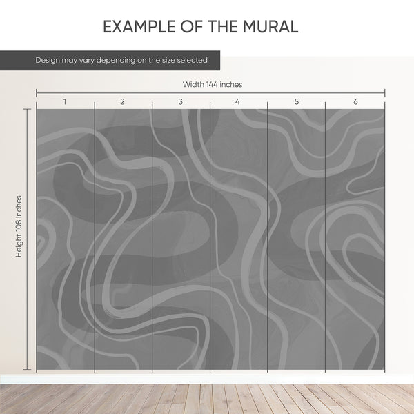 Example of a 144-inch-wide by 108-inch-high mural split into 6 panels, showing how the design is divided across  panels; the printed design varies with the size selected.