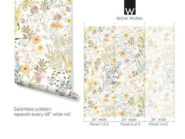 Yellow Wild Floral Wallpaper W048 - CostaCover - Peel and stick Removable Wallpaper - accent wallpaper - adhesive wallpaper - baby bedroom