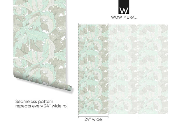 Mint & Beige Acanthus by Morris Wallpaper W125 - CostaCover - Peel and stick Removable Wallpaper - abstract floral - abstract wallpaper - accent wallpaper