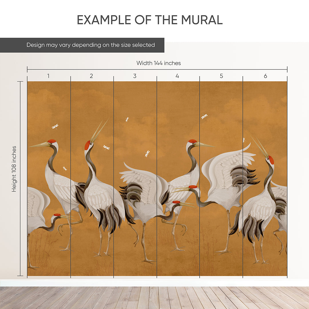 Mustard Color Japanese Cranes Wall Mural WM112