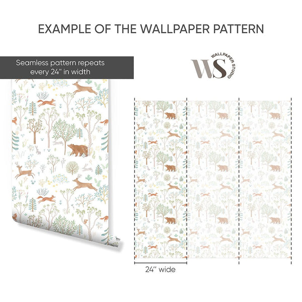 Beige Green Forest Animals Wallpaper S056 - CostaCover - Peel and stick Removable Wallpaper - accent wallpaper - adhesive wallpaper - animal print