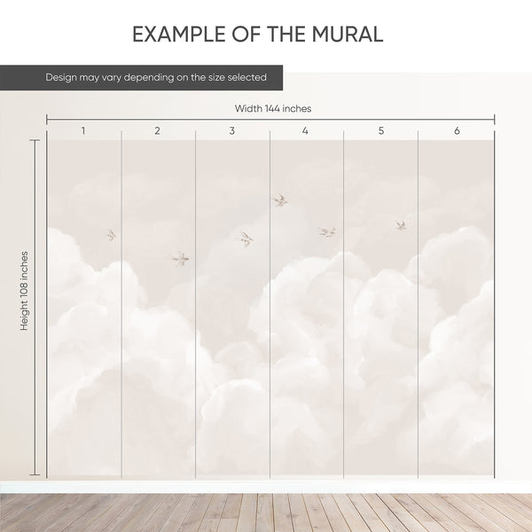 Example of a 144-inch-wide by 108-inch-high mural split into 6 panels, showing how the design is divided across  panels; the printed design varies with the size selected.