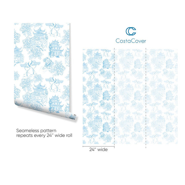 Chinoiserie Tiger Pagoda Wallpaper CC260 - CostaCover - Peel and stick Removable Wallpaper - accent wallpaper - adhesive wallpaper - adhesive wallpaper design