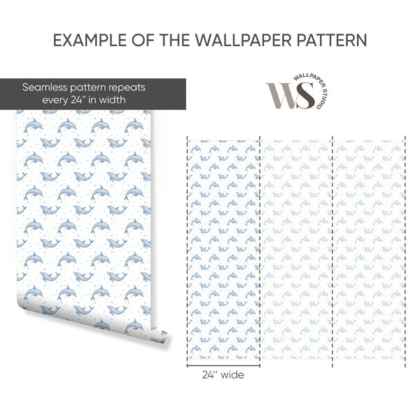 Blue Tiny Dolphins Wallpaper S086 - CostaCover - Peel and stick Removable Wallpaper - accent wallpaper - adhesive wallpaper - baby bedroom