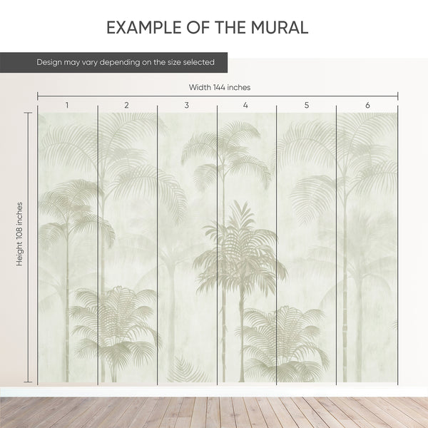 Example of a 144-inch-wide by 108-inch-high mural split into 6 panels, showing how the design is divided across  panels; the printed design varies with the size selected.