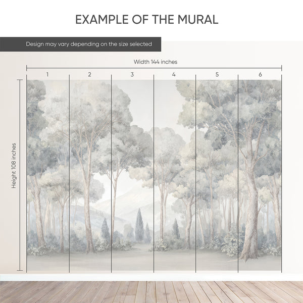 Expansive misty forest mural with watercolor textures, creating a serene atmosphere in bedrooms. This self-adhesive wallpaper is made in the USA and perfect for decorators and designers.