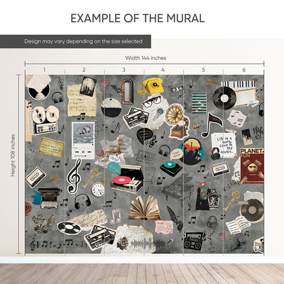 Gray Vintage Music Collage Wall Mural SM108
