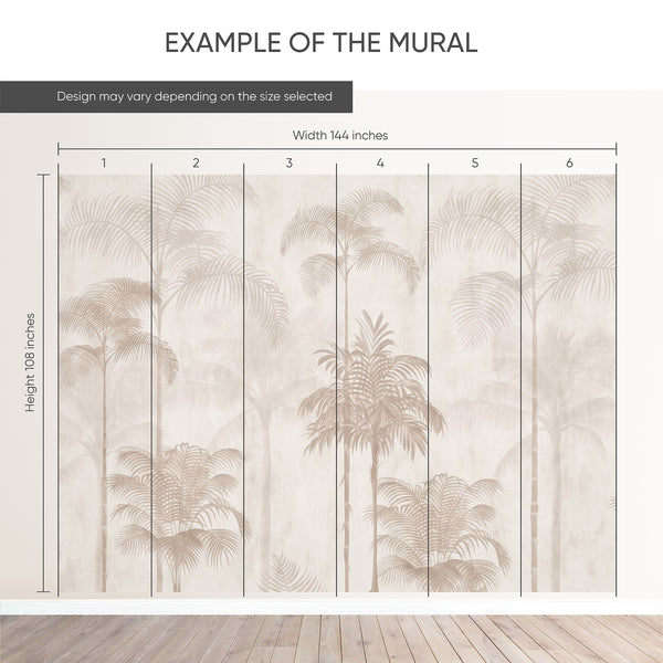 Example of a 144-inch-wide by 108-inch-high mural split into 6 panels, showing how the design is divided across  panels; the printed design varies with the size selected.