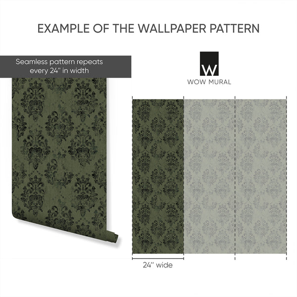 Temporary wallpaper featuring ornate damask motifs, enhancing the gothic charm of a dining room or hallway.