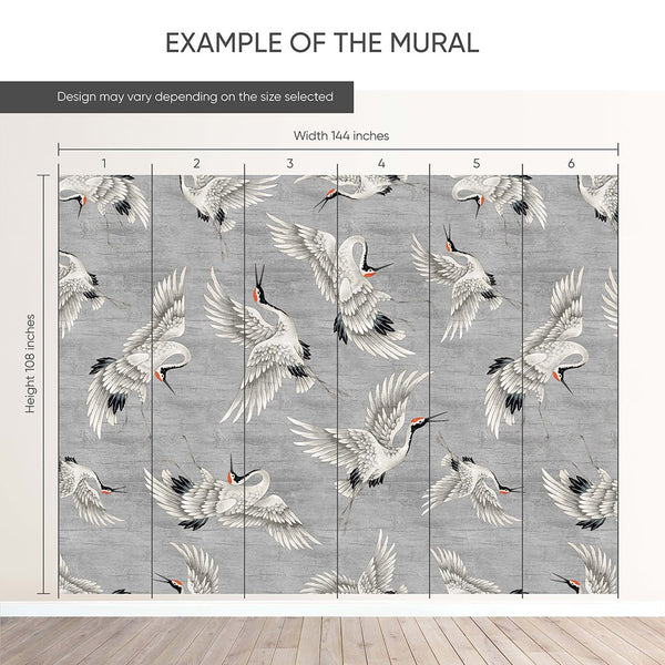 Flying Gray Japanese Cranes Wall Mural WM114 - CostaCover - Peel and stick Removable Wallpaper - accent wallpaper - adhesive wallpaper - bathroom wallpaper