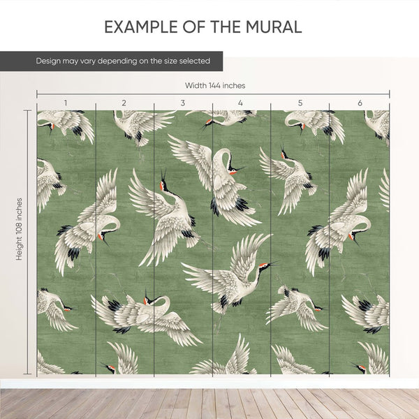 Flying Green Japanese Cranes Wall Mural WM118 - CostaCover - Peel and stick Removable Wallpaper - accent wallpaper - adhesive wallpaper - animal texture