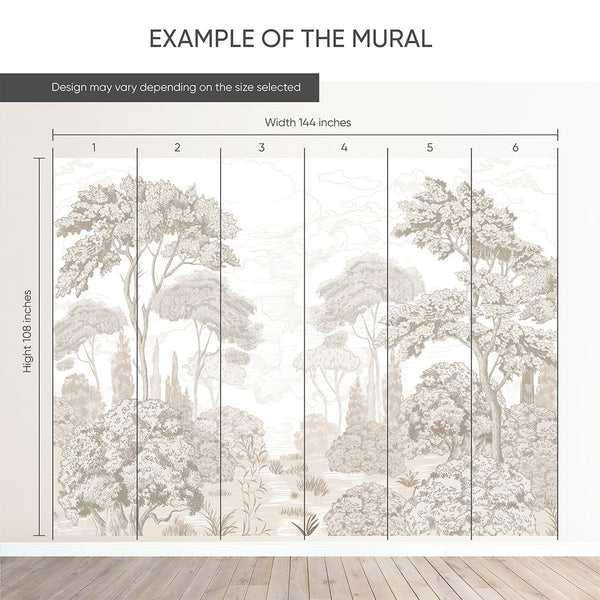 Detail of Vintage Forest Wall Mural showcasing panoramic woodland scene and engraved-style linework. Ideal for living rooms, this mural offers a smooth matte finish and removable options, making it easy to apply and reposition.