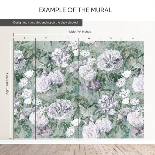 Light Mint Vintage Flowers Garden Wall Mural SM047 - CostaCover - Peel and stick Removable Wallpaper - accent wallpaper - adhesive wallpaper - bathroom wallpaper