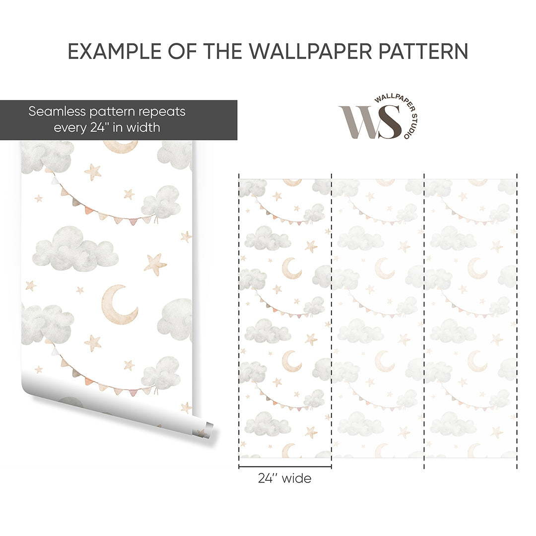 Clouds Moon & Bunting Wallpaper S112