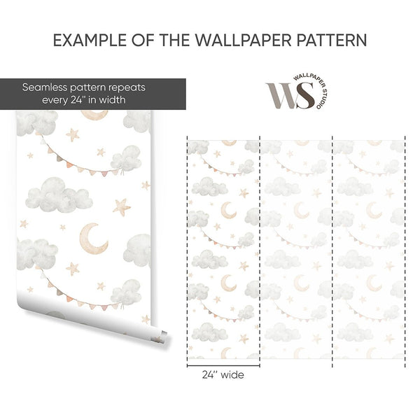 Clouds Moon & Bunting Wallpaper S112 - CostaCover - Peel and stick Removable Wallpaper - accent wallpaper - adhesive wallpaper - baby bedroom