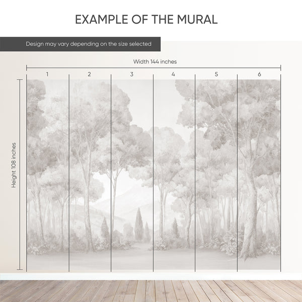 Layered tree silhouettes in neutral greige and taupe, creating a refined home office feature wall. This peel and stick mural is perfect for decorators seeking a temporary, high-quality decor option.