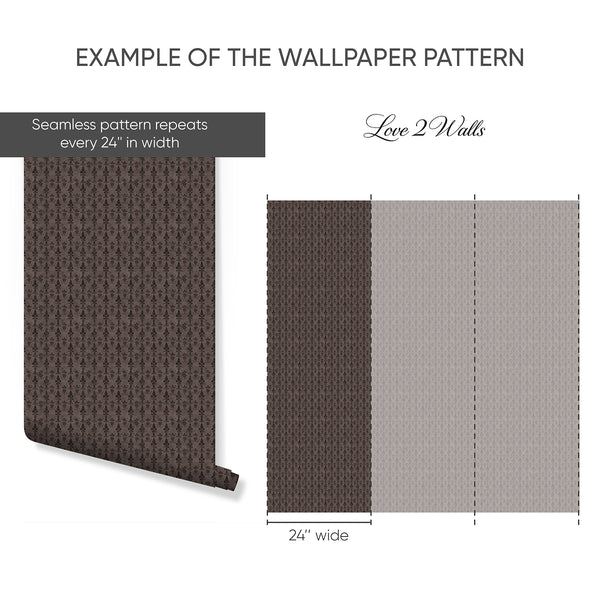 Brown damask wallpaper featuring a dense vertical repeat, perfect for creating a rich, classic look in bedrooms or hallways. The distressed background enhances the antique decor style.