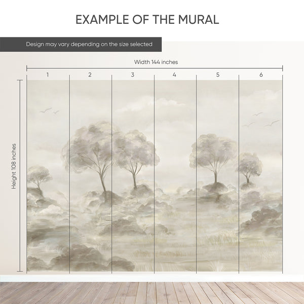 Example of a 144-inch-wide by 108-inch-high mural split into 6 panels, showing how the design is divided across  panels; the printed design varies with the size selected.