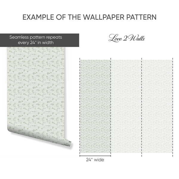 Floral vine wallpaper featuring fine vine sprigs and leaf clusters in sage green on a pale, textured ground. The gentle rhythms add a soft botanical touch, suitable for home offices or hallways. This high-quality removable wallpaper is easy to apply and reposition, offering a temporary decor solution.