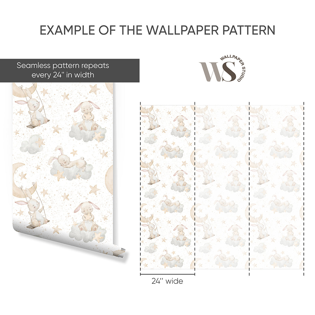 Beige Bunnies on Clouds Wallpaper S107