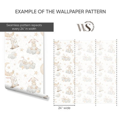 Beige Bunnies on Clouds Wallpaper S107