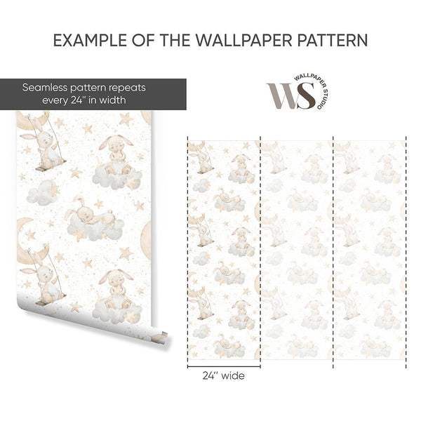 Beige Bunnies on Clouds Wallpaper S107 - CostaCover - Peel and stick Removable Wallpaper - accent wallpaper - adhesive wallpaper - animal print