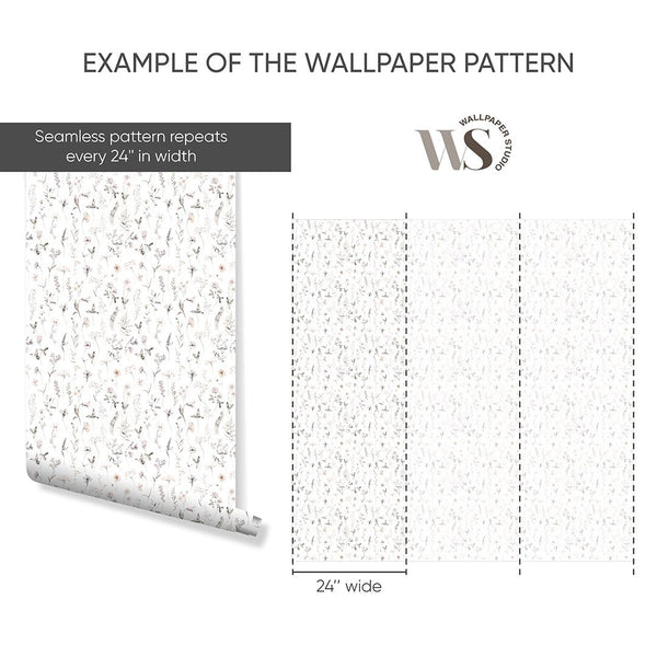 Tiny Neutral Wildflowers Wallpaper S064 - CostaCover - Peel and stick Removable Wallpaper - accent wallpaper - adhesive wallpaper - bathroom wallpaper