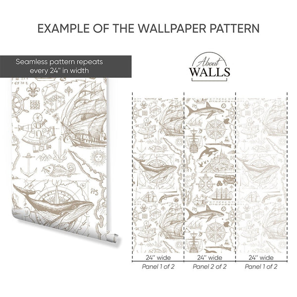 Beige Nautical Sketch Wallpaper A092 - CostaCover-Peel and stick Removable Wallpaper-abstract wall art-abstract wallpaper-accent wallpaper