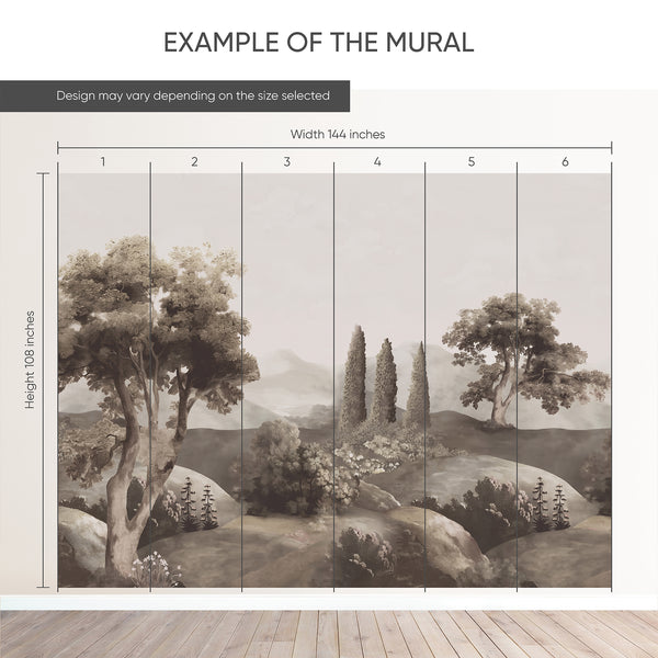 Example of a 144-inch-wide by 108-inch-high mural split into 6 panels, showing how the design is divided across  panels; the printed design varies with the size selected.
