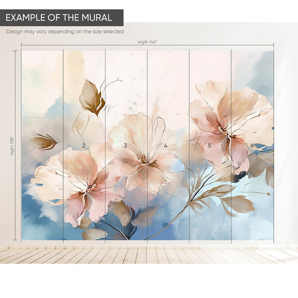 Beige & Blue Painting Flowers Wall Mural CCM154 - CostaCover - Peel and stick Removable Wallpaper - accent wallpaper - adhesive wallpaper - bathroom wallpaper