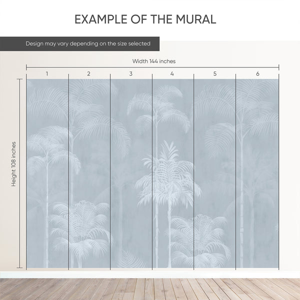 Example of a 144-inch-wide by 108-inch-high mural split into 6 panels, showing how the design is divided across  panels; the printed design varies with the size selected.