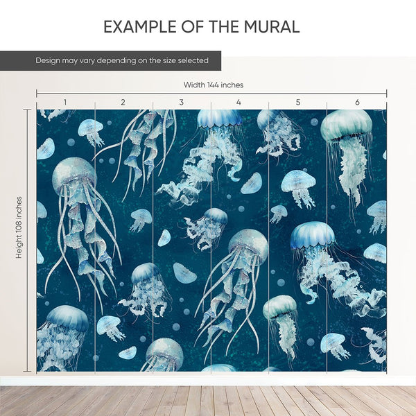 Blue Neon Jellyfish Wall Mural SM063 - CostaCover - Peel and stick Removable Wallpaper - accent wallpaper - adhesive wallpaper - baby bedroom